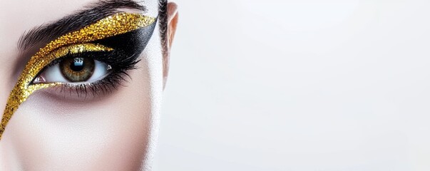 Creative beauty design, bold black eyeliner with rich gold glitter, perfectly shaped eyebrows, studio lighting