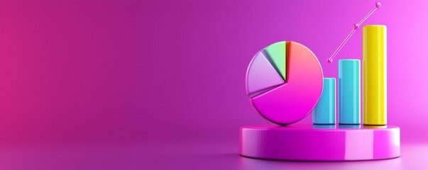Creative data visualization with colorful pie chart and rising bars, high-gloss 3D look, futuristic style