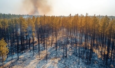 Aerial view of charred pine forest post fire Aerial drone image of burnt trees in aftermath of ecological catastrophe