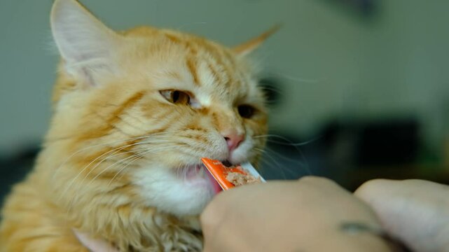 An orange cat is eating cat treats licked from a woman's hand.