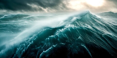 A powerful ocean wave crashing against the shore. The image captures the beauty of nature in its full force. Dark clouds add drama to the sky. Perfect for nature lovers and marine enthusiasts. AI