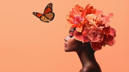 Elegant silhouette adorned with a floral headdress in shades of orange and pink, as a butterfly hovers nearby on a subdued light coral backdrop.