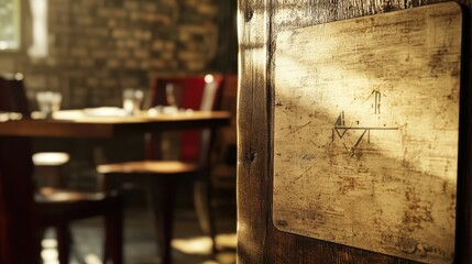 A handcrafted restaurant sign shines softly against a textured background