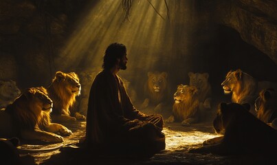 Amidst a dim den illuminated by soft light, Daniel remains calm while surrounded by a group of lions, creating a tense yet serene atmosphere