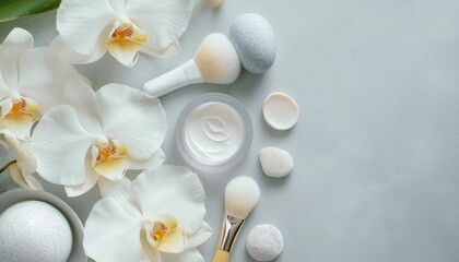 Flat lay of premium beauty tools and skincare cream, surrounded by orchids, tranquil spa aesthetic