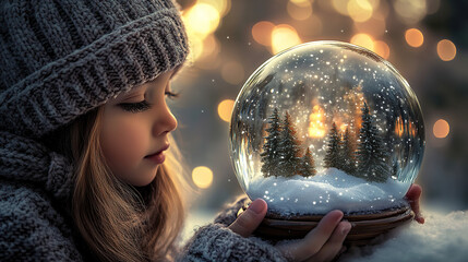Naklejka premium Little Girl Holding a Magical Snow Globe in Winter (christmas-tree)
