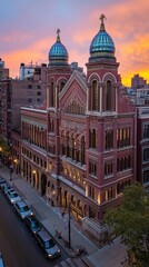 Obraz premium Historic building with domes at sunset, showcasing architectural beauty and urban scenery.