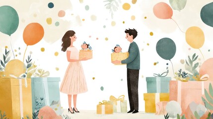 Baby shower parties filled with joy, laughter, and thoughtful gifts for the new arrival. Illustrations