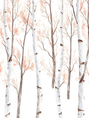 serene birch forest with delicate pink foliage, showcasing tall white trees against light background, creating peaceful and joyful atmosphere
