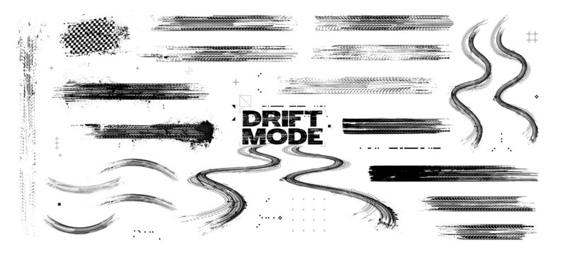 Tire tread marks, drift, motorsport, motocross, rally, tread mark with skid, grinding, splash effect. Graphic set of tire treads, wheel texture, car racing. Vector collection, wheel treads on asphalt