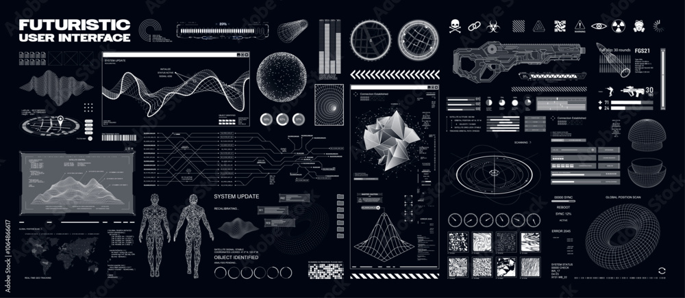 Poster Sci-fi HUD, GUI for games. Futuristic user interface in cyberpunk style for UI, UX and gaming projects. Hi-tech interface elements - 3D shapes, human body, charts, graph, frames, UI, HUD. Vector set