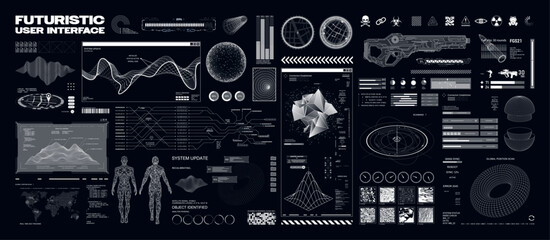 Sci-fi HUD, GUI for games. Futuristic user interface in cyberpunk style for UI, UX and gaming projects. Hi-tech interface elements - 3D shapes, human body, charts, graph, frames, UI, HUD. Vector set