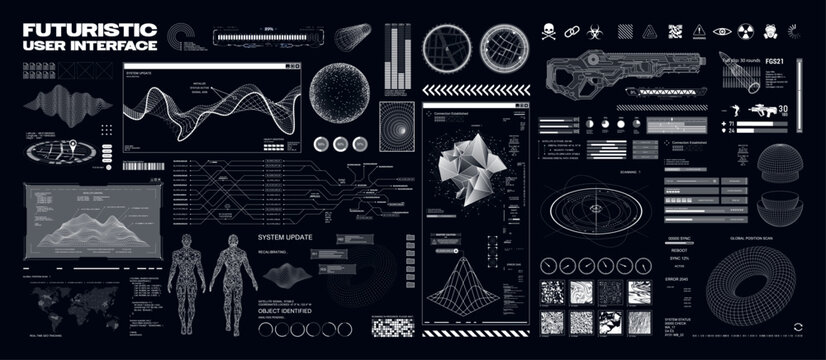Sci-fi HUD, GUI for games. Futuristic user interface in cyberpunk style for UI, UX and gaming projects. Hi-tech interface elements - 3D shapes, human body, charts, graph, frames, UI, HUD. Vector set