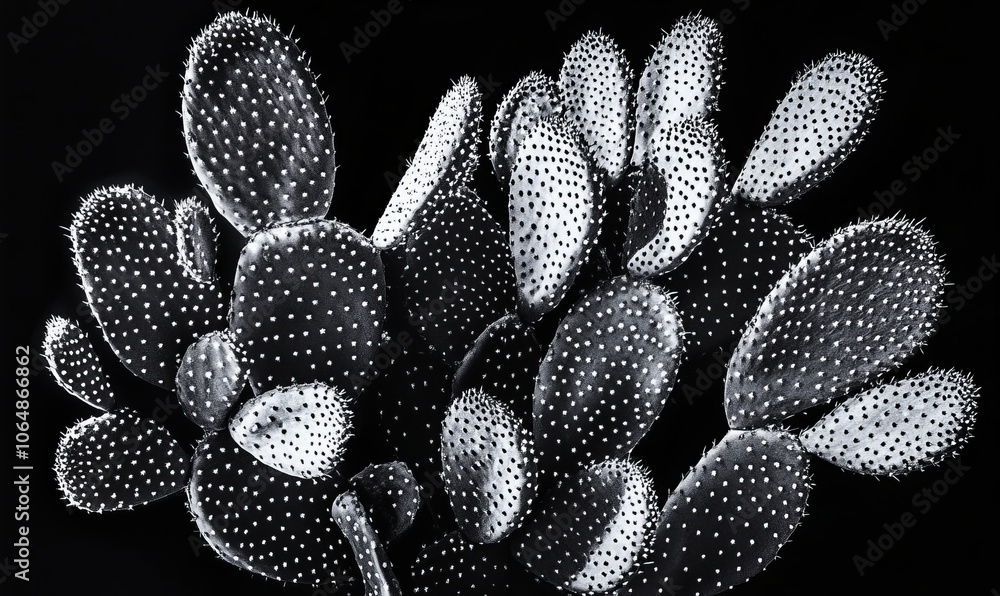 Poster an artistic interpretation of a prickly pear cactus in black and white, focusing on the interplay of
