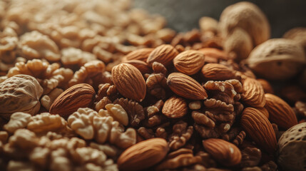 Naklejka premium close up view of variety of nuts including almonds, walnuts, and other seeds, showcasing their textures and colors. This assortment is perfect for healthy snacking or culinary uses