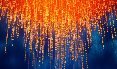 An artistic representation of a binary code stream with ones and zeros cascading down in a stylized pattern, illuminated in orange against a deep blue