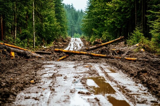 forest road blocked by mudslide with fallen trees and debris