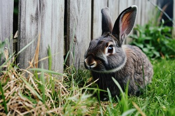Obraz premium rabbit nibbling on grass near a wooden fence, farm life and nature, close-up