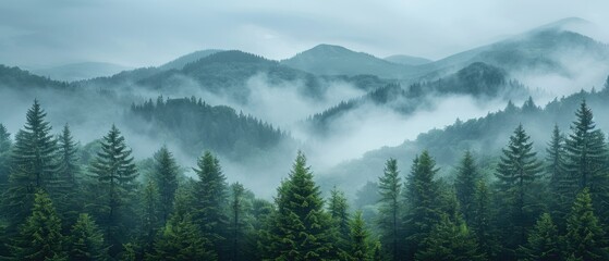 Foggy Mountain Range with Lush Green Trees