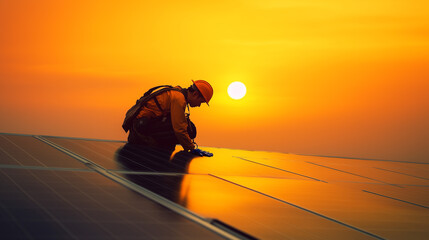 Installation of solar panels. A worker installing solar panels on the building wearing safety equipment and tools for the installation work. Solar cell panels systems, PV modules 