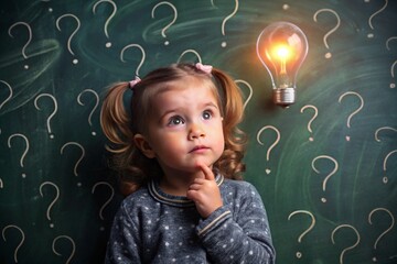 Development and education of children. A thoughtful girls on a dark background with a light bulb and question marks . Brainstorming and the concept of an idea.