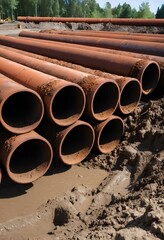 Several large rusty metal pipes on a construction site. Each pipe shows rust. Reveals the effects of rainwater and soil exposure on metals.