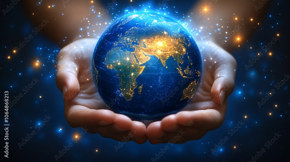 Fototapete crystal globe resting on open palm, with a map overlay that represents international cooperation and