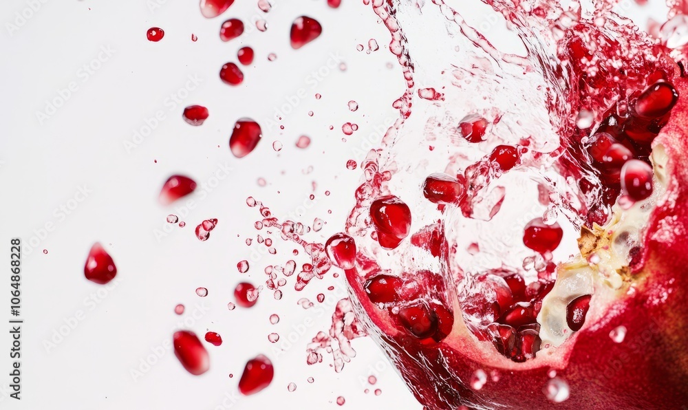 Poster a close-up of a pomegranate seed explosion with droplets of red juice bursting out against a stark w