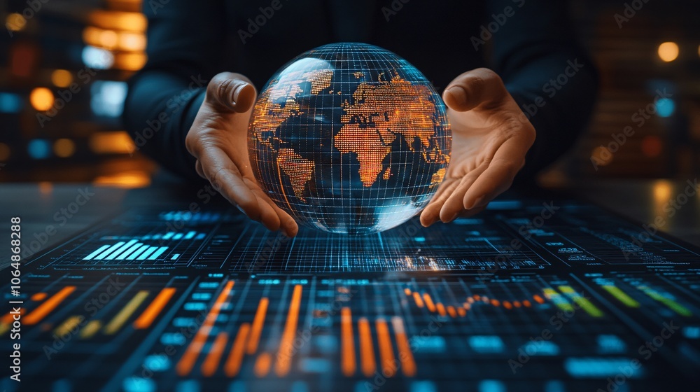 Poster person holding a transparent globe featuring prominent continents over a business chart, symbolizing