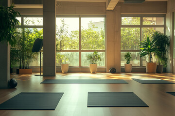 Yoga studio or fitness studio with mats on the floor and green plants. Beautiful, cozy, sunlit yoga or fitness studio with warm, inviting space. For wellness, relaxation, meditation, exercise themes