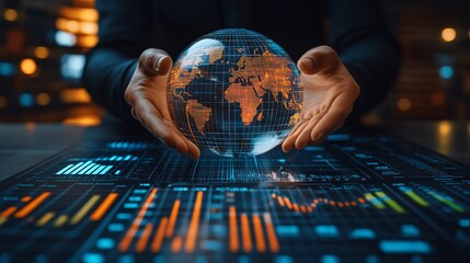 Person holding a transparent globe featuring prominent continents over a business chart, symbolizing market reach and global strategy with empty space for text