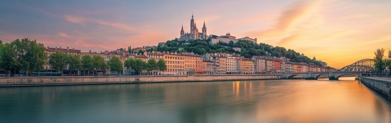 A stunning view of the Rhône River at sunset, featuring historic bridges and the basilica overlooking Lyon’s vibrant quays