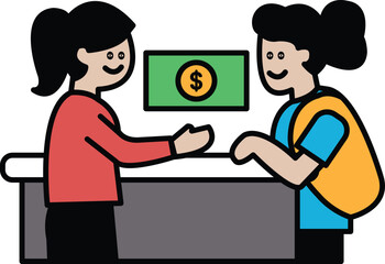 Two women are exchanging money at a counter