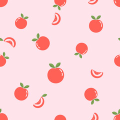 Seamless pattern of peach fruit with green leaves on pink background vector.