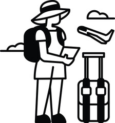 A woman is standing with a suitcase and a hat on
