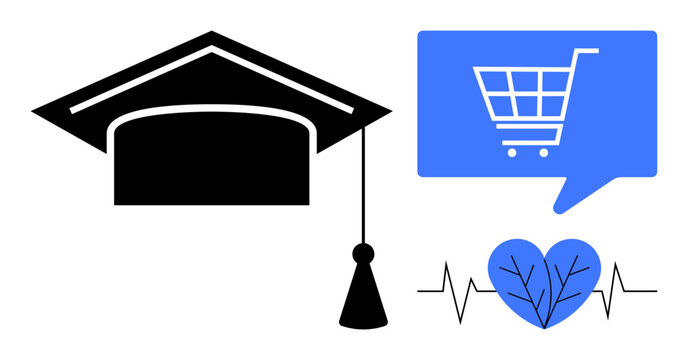 Mortarboard, shopping cart in speech bubble, heart with cardiogram line and leaf motif. Ideal for education, online shopping, e-commerce, healthcare, wellness programs, retail marketing