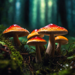 Fototapeta premium Image of glowing mushrooms in forest at twilight, created by artificial intelligence. Stock image.