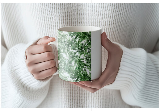 Cozy winter mockup with hands holding a customizable mug, perfect for showcasing designs, AI-Generated