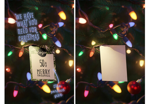Christmas card mockup with festive lights and pine background, ideal for gift or store greetings, AI-Generated