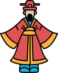 A man in a red robe with yellow trim stands in front of a white background