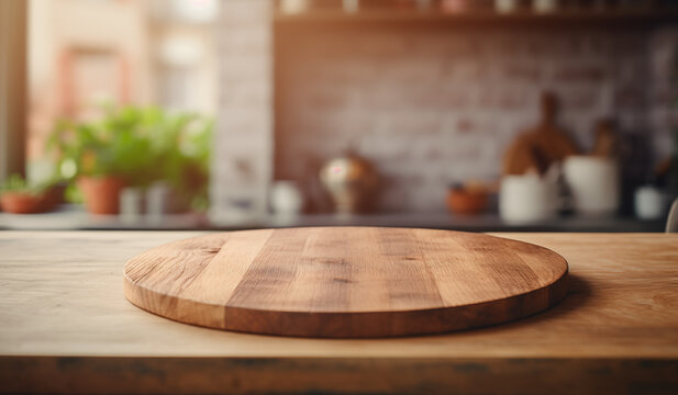 Tabletop of an empty wooden kitchen table with a round empty wooden cutting board, blurred kitchen in the background.