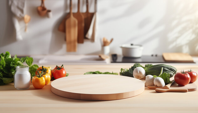 Tabletop of an empty wooden kitchen table with a round empty wooden cutting board, vegetables, blurred kitchen in the background.