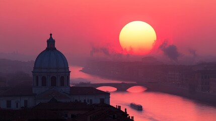 Obraz premium Sunrise over the Tiber: A majestic sunrise paints the sky in vibrant hues as the dome of a historic church stands silhouetted against the golden glow, overlooking the Tiber River in Rome.