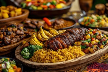 Obraz premium Kwanzaa Feast: A lavishly prepared feast with an array of traditional African dishes, set against a backdrop of African fabric and patterns. The food is displayed on wooden platters and includes dishe