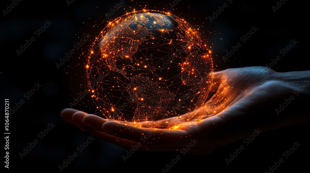 Poster Translucent world globe with light trails representing data flow held by a hand, symbolizing technological advancement and unity with empty space for text