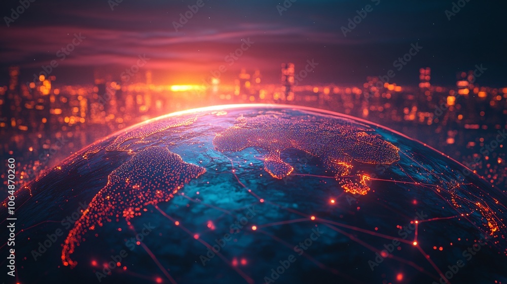 Poster vibrant light trails connecting continents on a futuristic globe, illustrating the reach and speed o