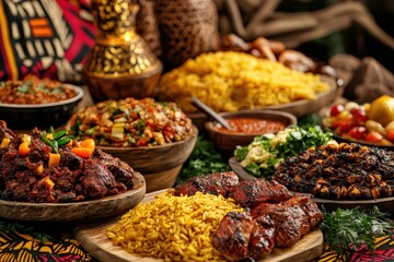Kwanzaa Feast: A lavishly prepared feast with an array of traditional African dishes, set against a backdrop of African fabric and patterns. The food is displayed on wooden platters and includes dishe