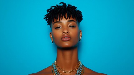 Fierce and Confident:  A captivating portrait of a young woman with a bold, short dreadlocks hairstyle, exuding confidence and strength. Her piercing gaze and fierce expression are captivating.
