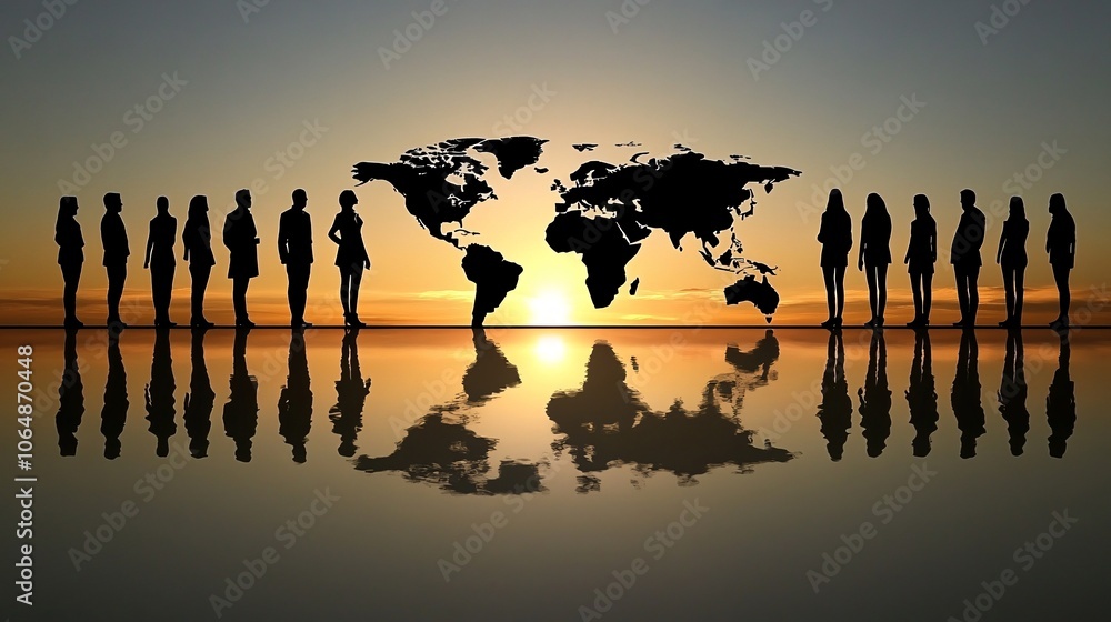 Aufkleber business professionals engaging in a digital world map meeting, showing the real-time nature of glob