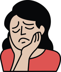 A woman is shown with her head resting on her hand, looking sad